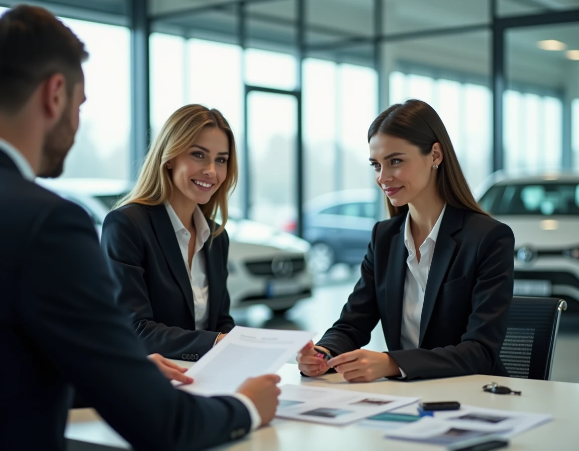 Une femme négocie l'achat d'un véhicule d'occasion avec un vendeur professionnel dans une concession automobile