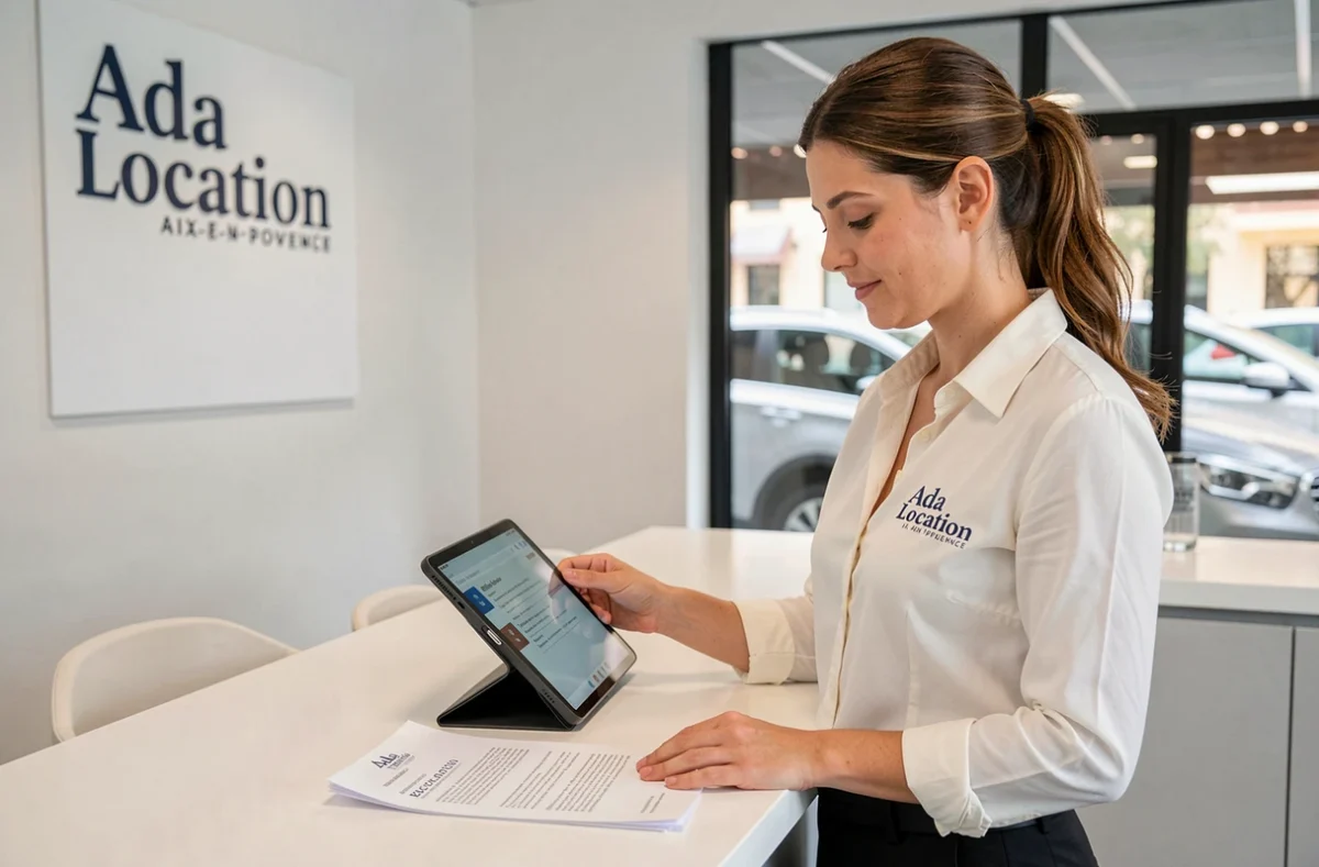 Employée Ada Location Aix-en-Provence consultant un contrat sur tablette derrière un comptoir moderne avec des véhicules visibles en arrière-plan