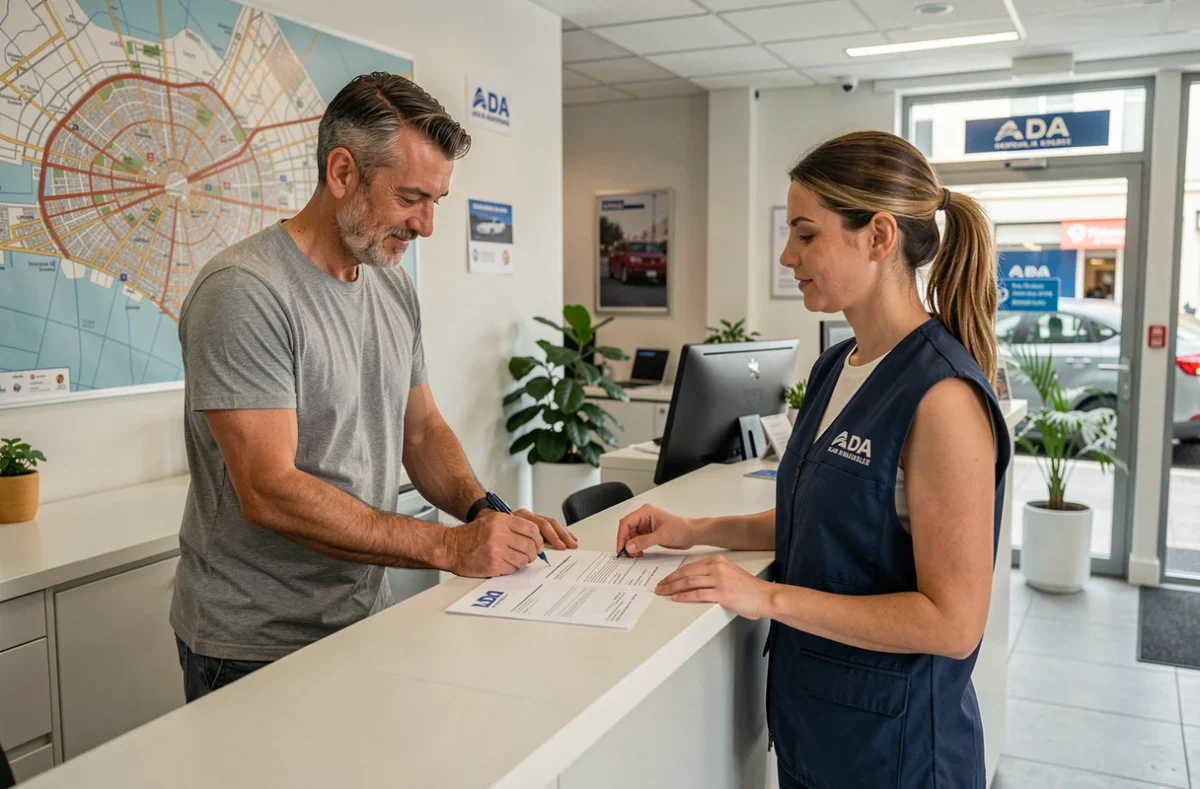 Client signant un contrat de location au comptoir Ada Marseille avec une agente en gilet brandé devant une carte de la ville