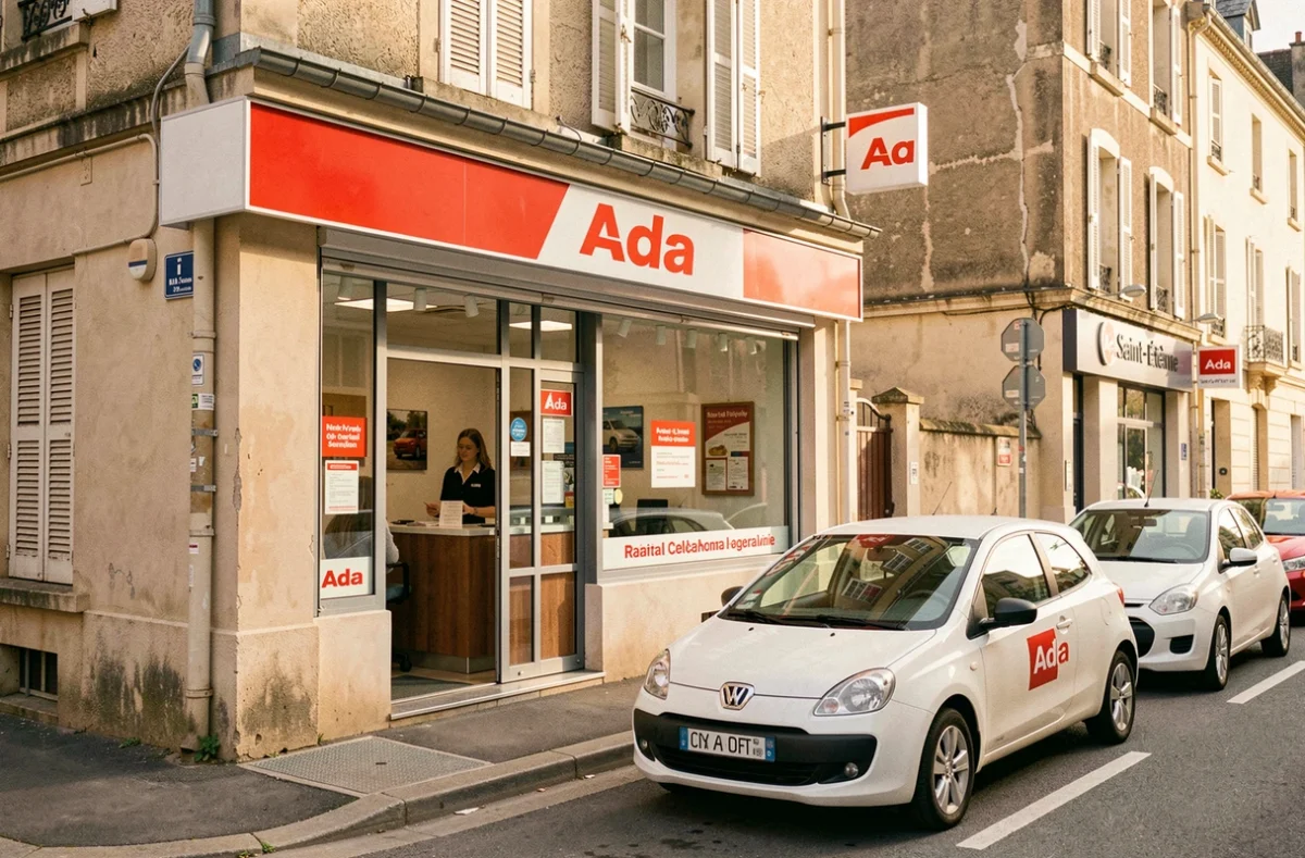 Devanture de l'agence Ada à Saint-Étienne avec logo rouge et blanc et voitures économiques garées dans la rue