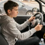 Jeune adolescent de 14 ans au volant d'une voiture sans permis, concentré sur la route, intérieur de véhicule réaliste