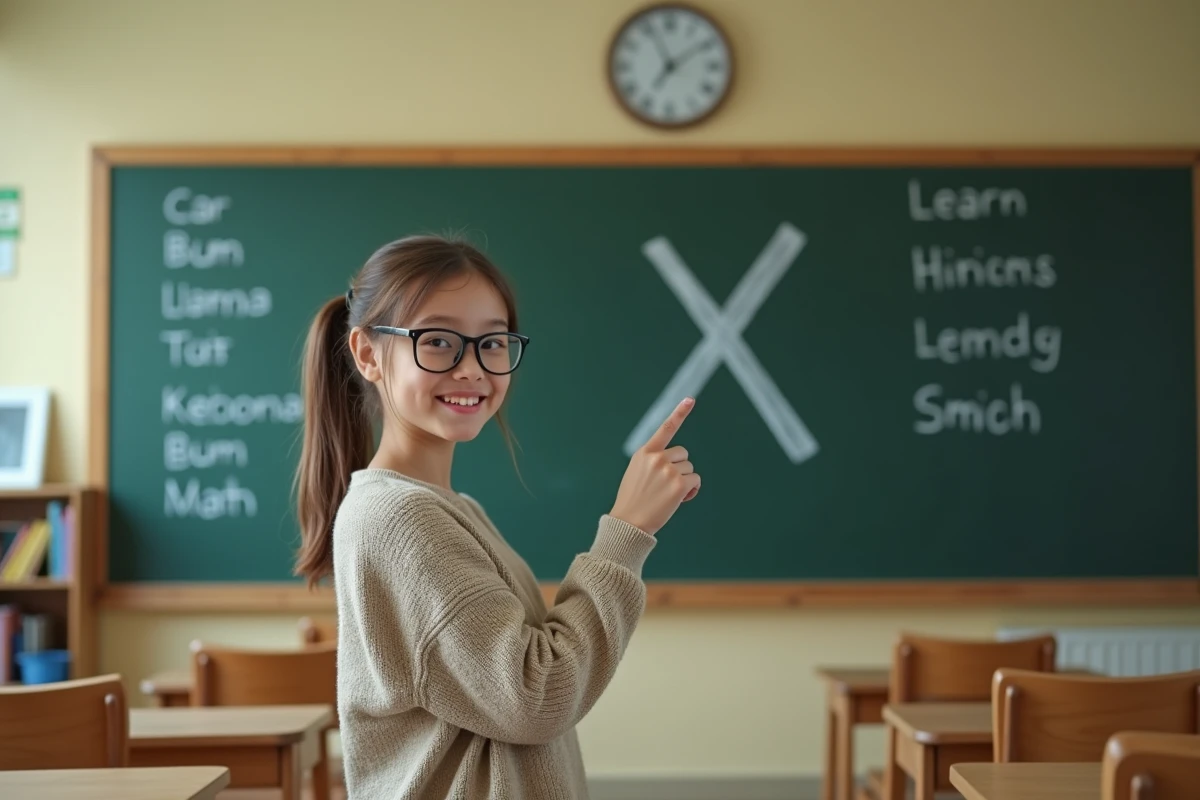Adolescente souriante pointant un tableau de voitures au tableau noir