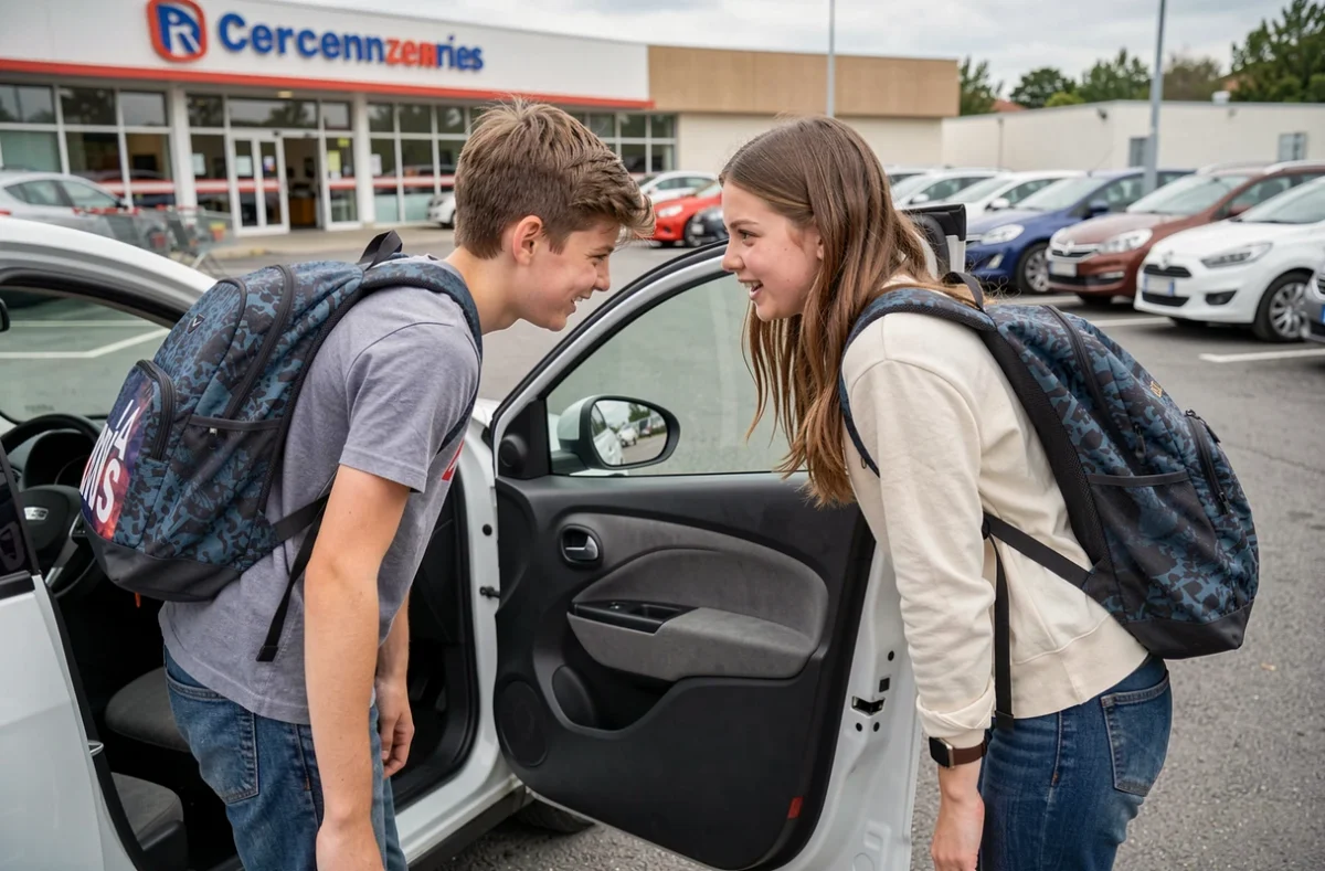 Deux adolescents de 15 ans examinant l'intérieur d'une voiture sans permis dans un parking de supermarché en France