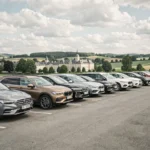 Vue d'ensemble d'un parking d'agence de location de voitures dans la Loire avec une rangée de véhicules variés