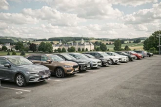 Vue d'ensemble d'un parking d'agence de location de voitures dans la Loire avec une rangée de véhicules variés