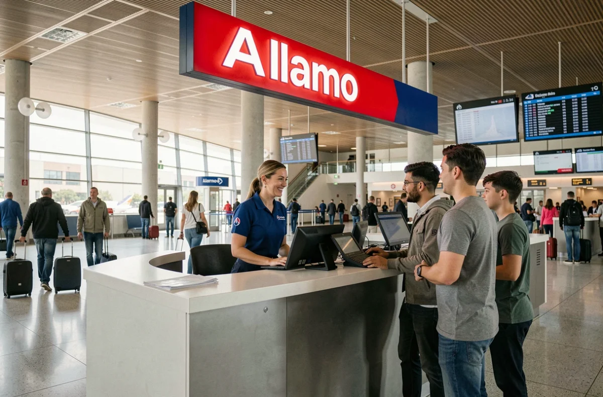 Comptoir Alamo à l'aéroport Marseille Provence avec le personnel en uniforme assistant des voyageurs