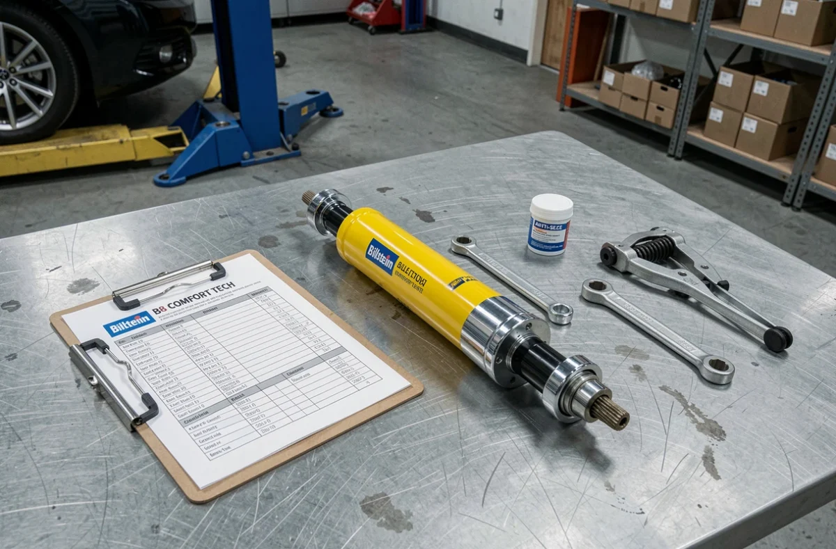 Amortisseur Bilstein B8 Comfort Tech posé sur un établi avec outils de préparation au montage