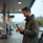Homme consultant une application mobile de comparaison de prix de carburant à la station-service