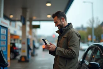 Homme consultant une application mobile de comparaison de prix de carburant à la station-service