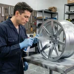 Technicien automobile appliquant de la peinture alu en spray sur une jante démontée dans un atelier de carrosserie