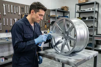 Technicien automobile appliquant de la peinture alu en spray sur une jante démontée dans un atelier de carrosserie
