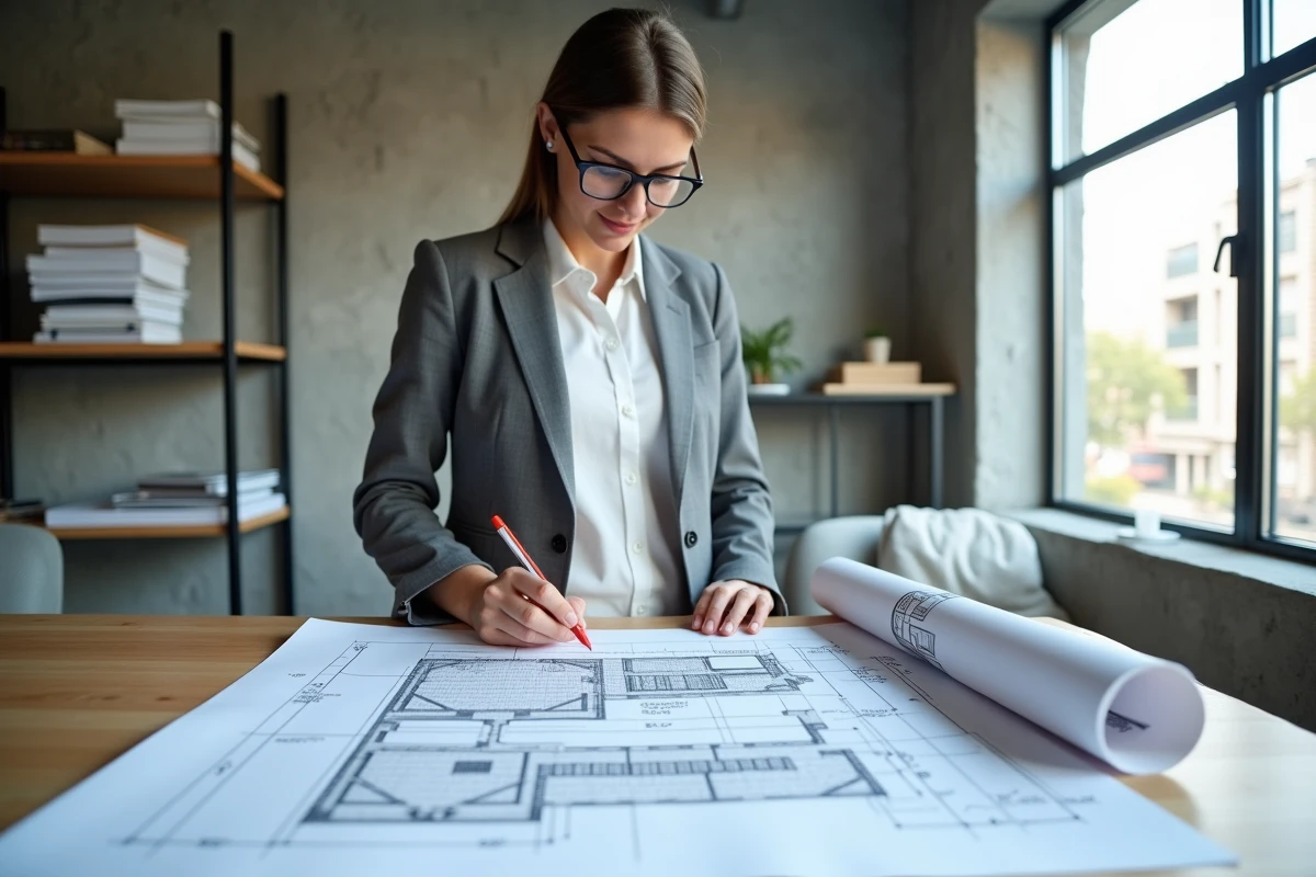 Architecte féminine analysant des plans techniques de parking avec dimensions annotées dans un studio d'architecture