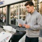 Jeune homme consultant son contrat d'assurance scooter 50cc devant un magasin Carrefour