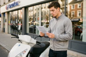 Jeune homme consultant son contrat d'assurance scooter 50cc devant un magasin Carrefour