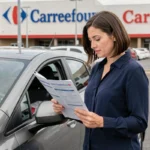 Femme consultant un document d'assurance voiture dans un parking de supermarché Carrefour