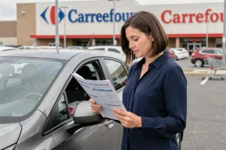 Femme consultant un document d'assurance voiture dans un parking de supermarché Carrefour