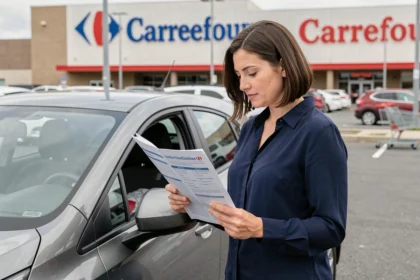 Femme consultant un document d'assurance voiture dans un parking de supermarché Carrefour
