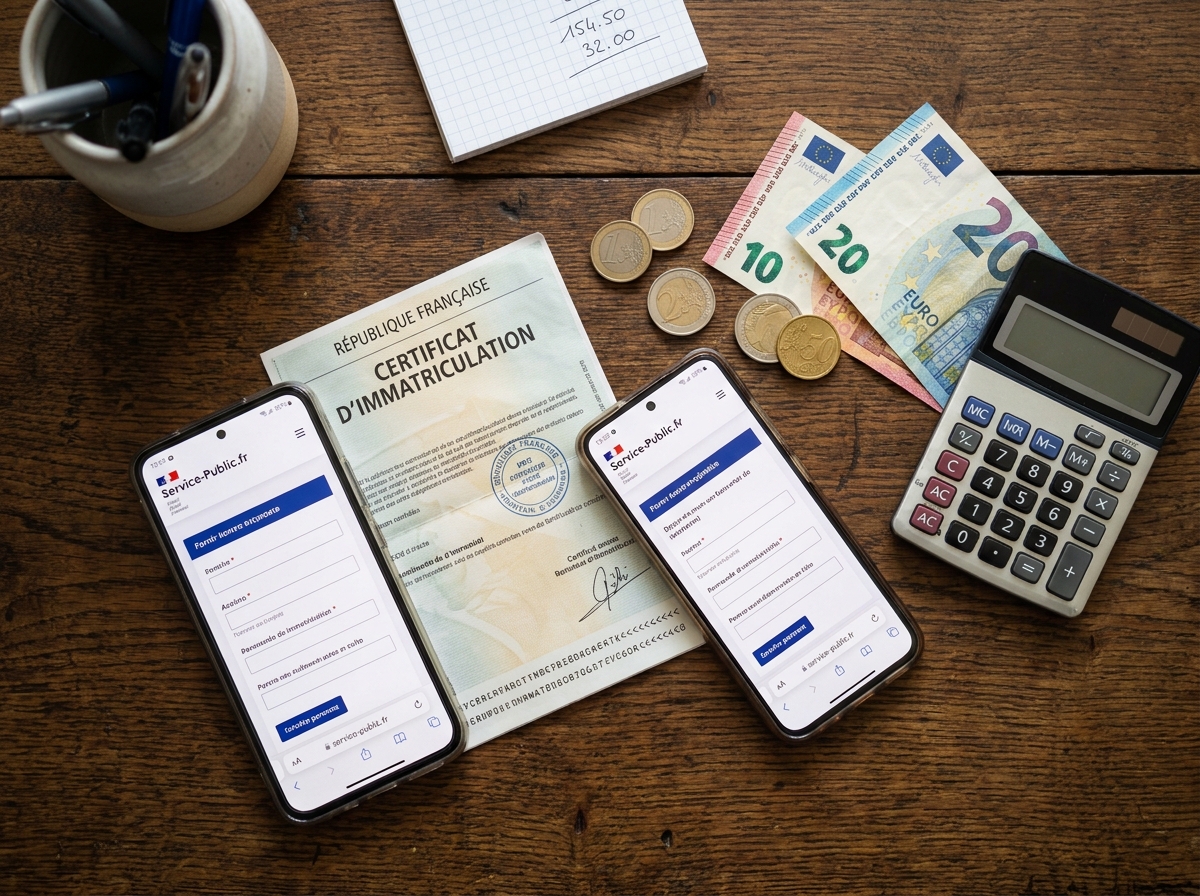Vue de dessus d'une carte grise française posée sur un bureau avec un smartphone affichant un service en ligne, une calculatrice et des billets d'euros pour illustrer les économies possibles