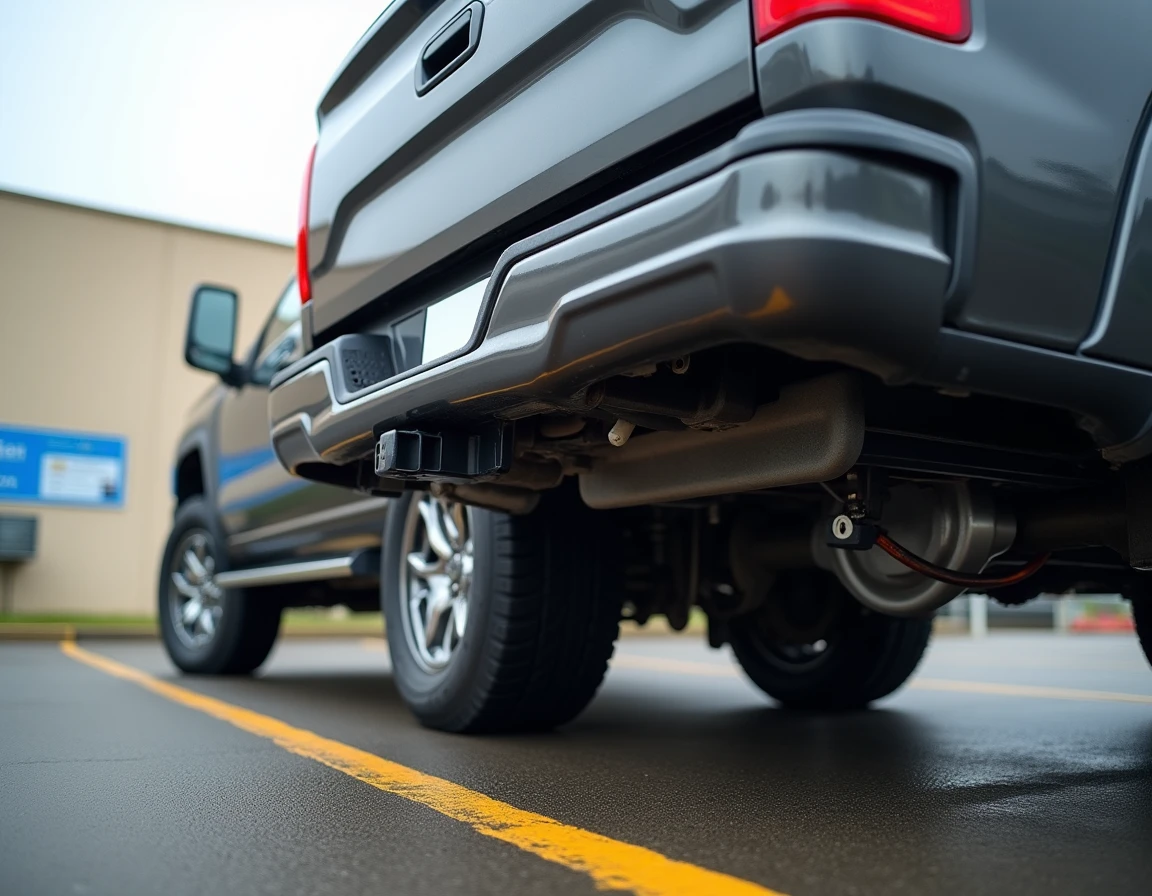 Attelage de remorquage visible sous un pickup surélevé garé au centre de contrôle technique
