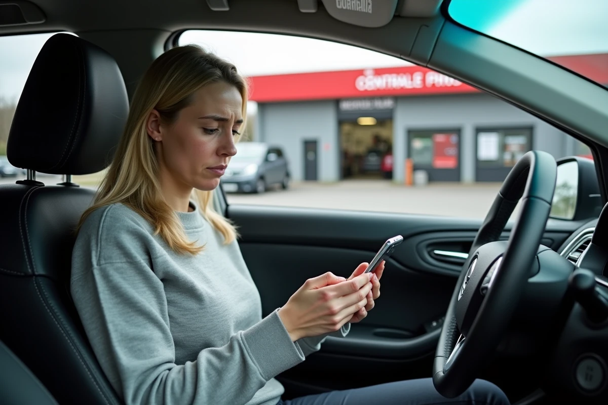 Femme frustrée lisant des avis négatifs sur Centrale Pneus depuis sa voiture sur le parking