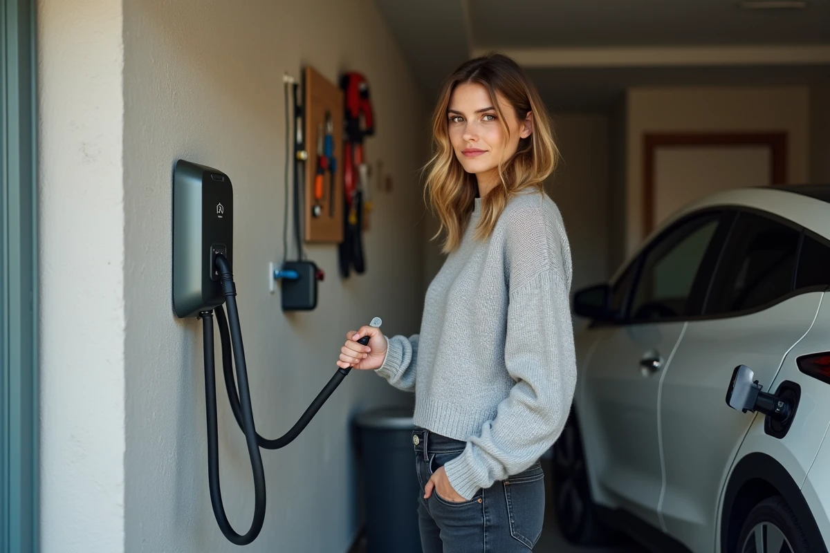 Femme utilisant une borne de recharge murale pour voiture électrique installée dans un garage à domicile