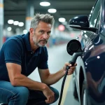 Homme branchant sa voiture électrique à une borne de recharge Carrefour dans un parking de grande surface