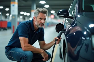 Homme branchant sa voiture électrique à une borne de recharge Carrefour dans un parking de grande surface