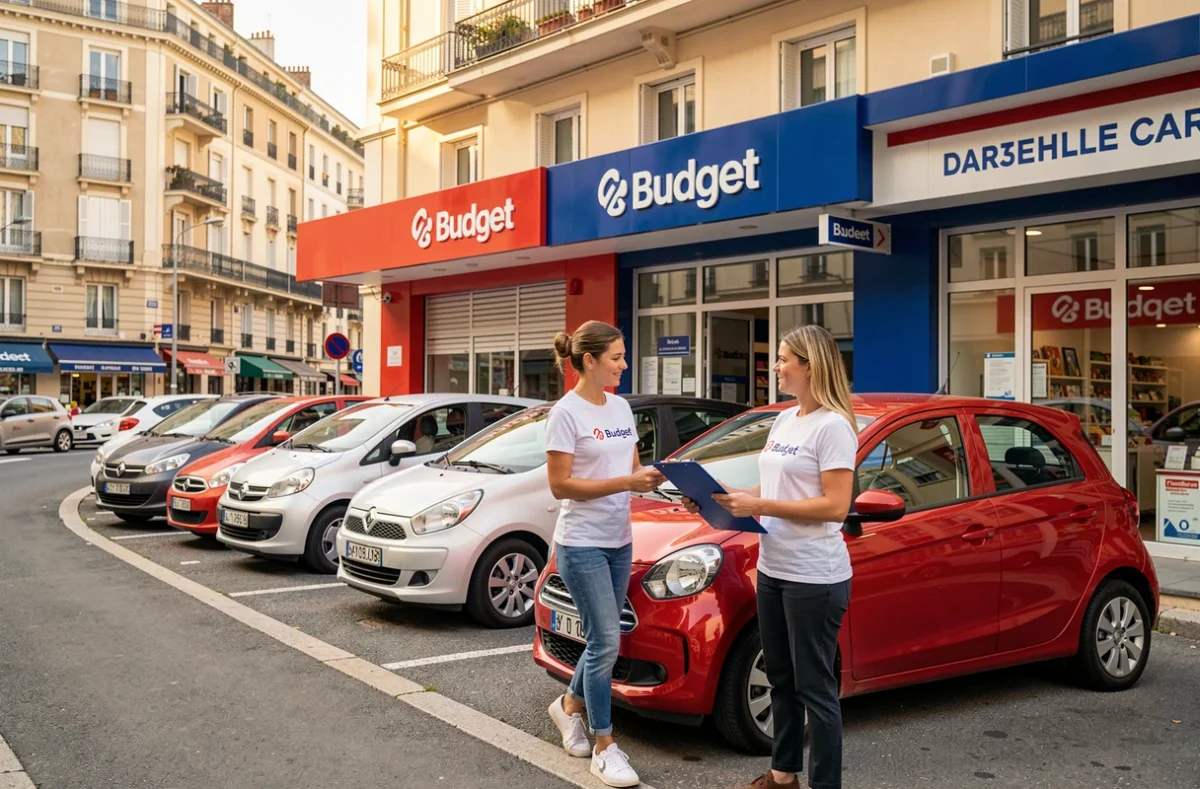Agence Budget Marseille avec son enseigne rouge et bleue et des voitures économiques disponibles à la location
