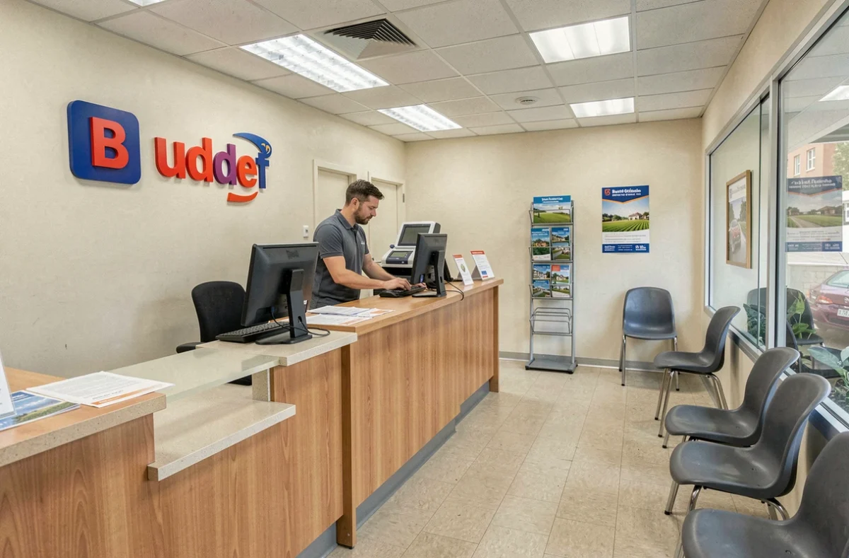 Intérieur de l'agence Budget à Saint-Étienne avec comptoir de service et logo rouge et bleu au mur