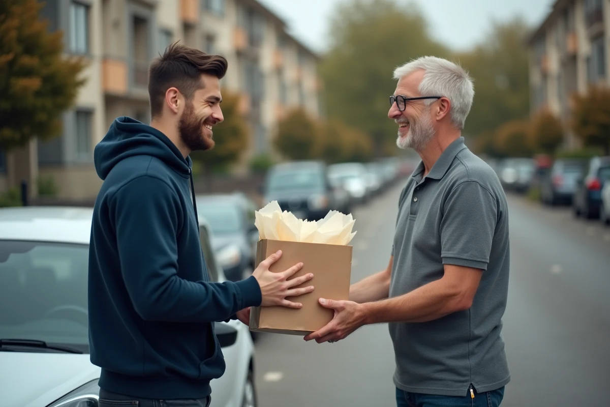 Père offrant un cadeau à son fils devant une voiture pour célébrer la réussite au permis de conduire dans un contexte urbain