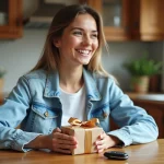 Jeune femme souriante tenant un cadeau pour fêter l'obtention du permis de conduire, avec une clé de voiture posée sur une table en bois