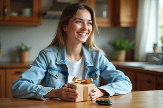 Jeune femme souriante tenant un cadeau pour fêter l'obtention du permis de conduire, avec une clé de voiture posée sur une table en bois