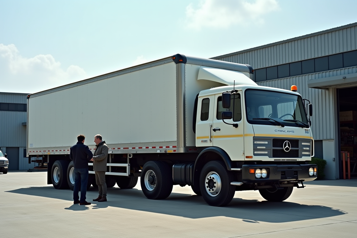 Camion ancien et nouveau électrique de 26 tonnes au depot avec ingénieurs