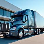 Camion commercial neuf devant une concession moderne