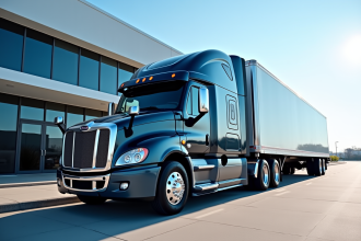Camion commercial neuf devant une concession moderne