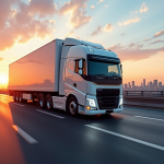 Camion moderne de 26 tonnes sur autoroute futuriste au lever du soleil