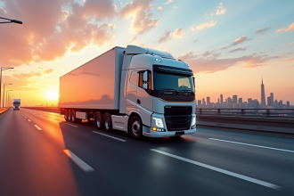 Camion moderne de 26 tonnes sur autoroute futuriste au lever du soleil