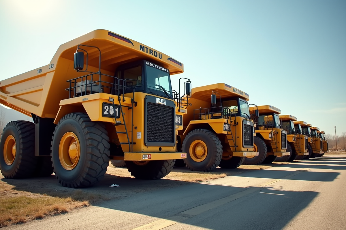 Plusieurs camions benne de 10m3 alignes dans une cour de concession