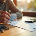 Main tenant une carte grise avec clés sur une table ensoleillée