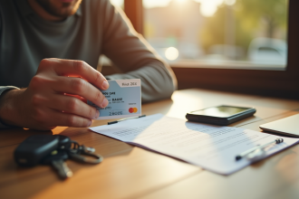 Main tenant une carte grise avec clés sur une table ensoleillée