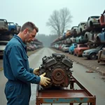 Mécanicien inspectant un moteur de récupération dans une casse automobile du 44 avec des épaves empilées en arrière-plan