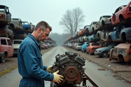 Mécanicien inspectant un moteur de récupération dans une casse automobile du 44 avec des épaves empilées en arrière-plan
