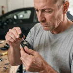 Homme changeant la pile d'une clé Renault Clio 4 avec un tournevis dans un garage