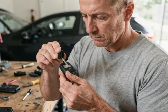 Homme changeant la pile d'une clé Renault Clio 4 avec un tournevis dans un garage