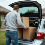 Homme chargeant des cartons dans le coffre spacieux d'une berline familiale dans une allée résidentielle