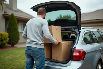 Homme chargeant des cartons dans le coffre spacieux d'une berline familiale dans une allée résidentielle