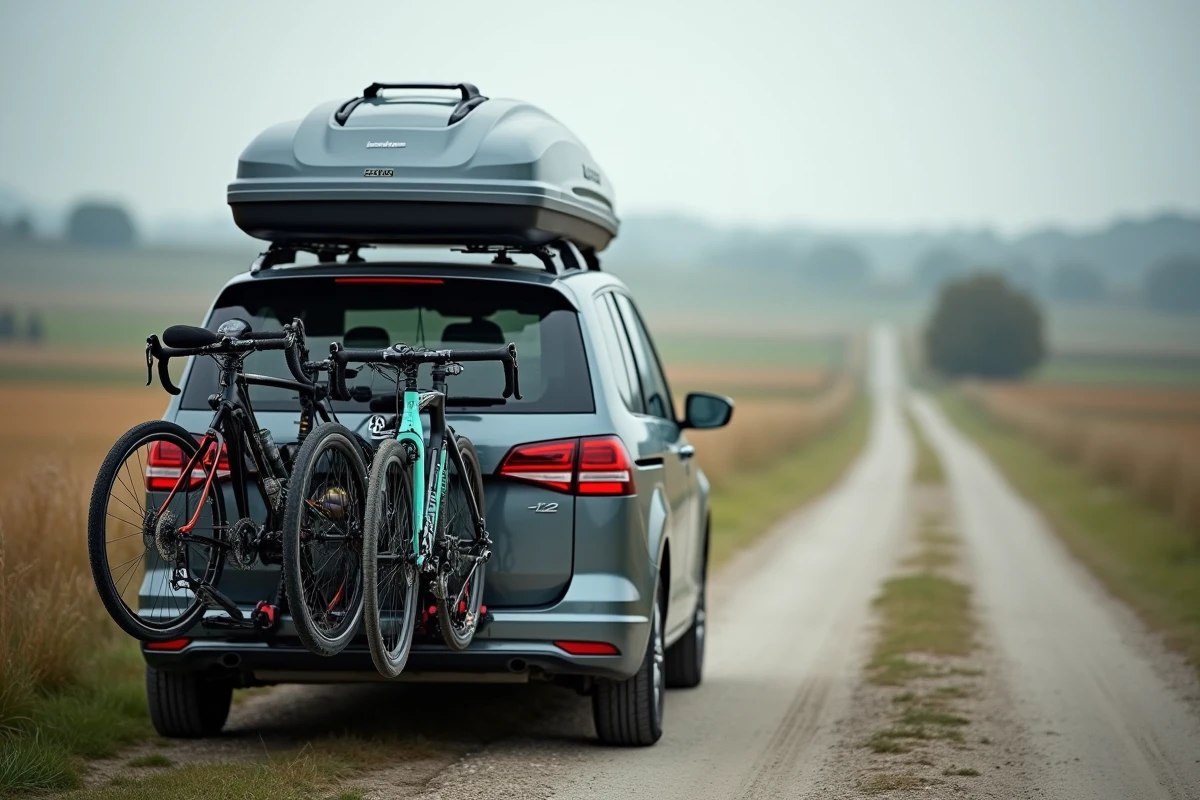 Détail d'un minivan chargé avec porte-vélo attelage quatre vélos et coffre de toit ouvert sur une route de campagne