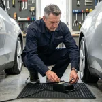 Technicien automobile connectant un chargeur de maintien sur batterie de véhicule électrique dans un garage privé moderne