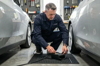 Technicien automobile connectant un chargeur de maintien sur batterie de véhicule électrique dans un garage privé moderne