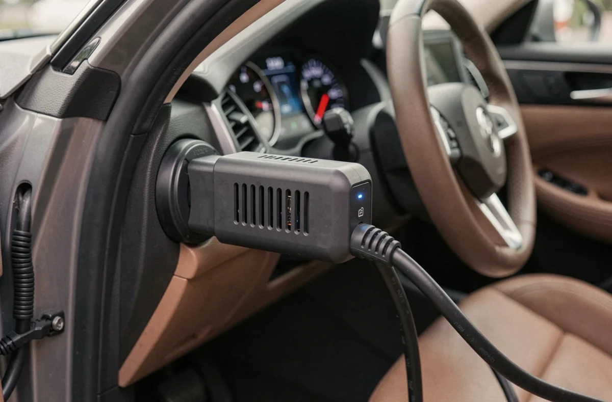 Chargeur de maintien branché sur le port OBD d'un tableau de bord de véhicule connecté moderne
